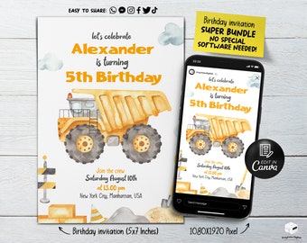 Modèle d'invitation à une fête d'anniversaire de camion avec engins de chantier pour enfants, carte d'invitation imprimable et téléphone, téléchargement numérique immédiat