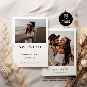 May include: Save the date wedding announcement with a photo of a couple on the beach. The announcement is white with black text and says "Save the Date for the wedding of Sophia & Luke, September 14, 20XX, Los Angeles, California, formal invitation to follow".