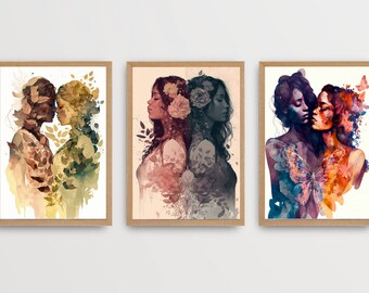 Set of 3 Lesbian Wall Art Digital Download Sapphic Art Print Lesbian Wedding Gift for Her Gallery Set LGBTQ Pride