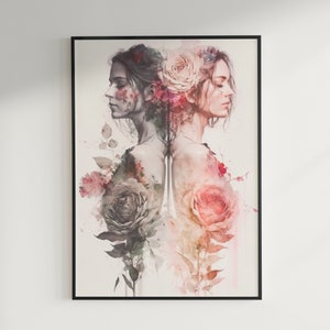 Lesbian Wall Art Digital Download Sapphic Art Print Lesbian Wedding Gift | Women and Roses I