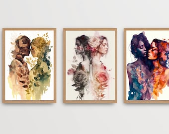 Set of 3 Lesbian Wall Art Digital Download Sapphic Art Print Lesbian Wedding Gift for Her Gallery Set LGBTQ Pride