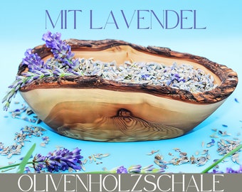 Rustikale Lavendelblüten-Olivenholzschale – handgefertigt aus natürlich gewachsenem Holz