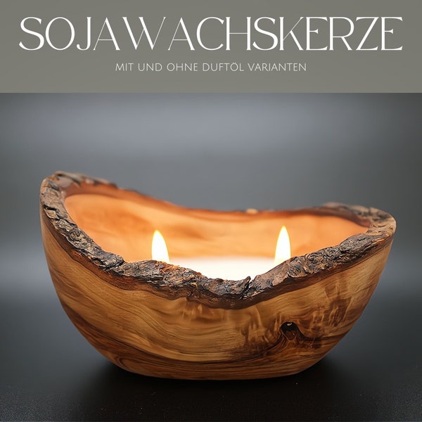 Handmade soy wax candle in olive wood bowl with an enchanting scent | Rustic 10-13 cm