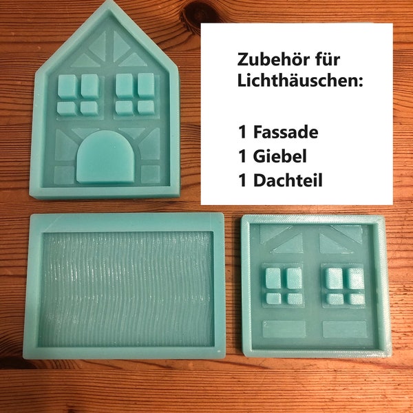 Silikonform-ZUBEHÖR-SET für Mini-Lichthäuschen "Fachwerk" zum Gießen mit Gipskeramik oder Gießbeton.