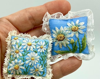 Miniature Cushion With Hand Embroidery 1:12 Scale – Handmade Dollhouse Pillow, Mini Textile Decor