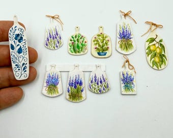 Miniature cutting board with hand-painted design for dollhouse kitchen