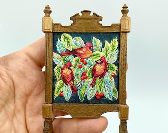 Hand Embroidered Miniature Fireplace Screen – 1:12 Scale Dollhouse Decor