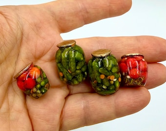 1 12 scale Miniature jars with cucumbers, tomatoes, and spices for Doll House Kitchen