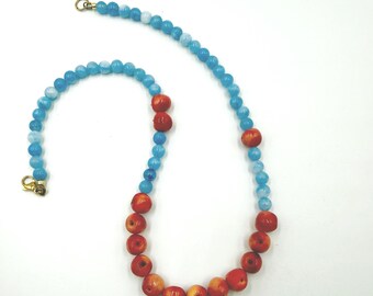 Handmade Necklace with Natural Aquamarine Stones and Polymer Clay Apples