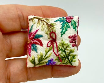 Miniature Pillow 1:12 Scale With Hand Embroidery, Christmas Dollhouse miniature Decor