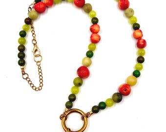 Handmade Necklace with Natural Stones, Polymer Clay Apples, and a Large Pendant Apple on a Ring