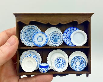 Dollhouse Miniature Kitchen Shelf, Hand-Painted Blue Plates, Farmhouse Mini Decor (1:12 Scale)