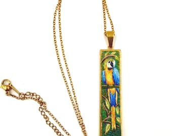 Handmade Necklace with Hand-Embroidered Parrot Pendant