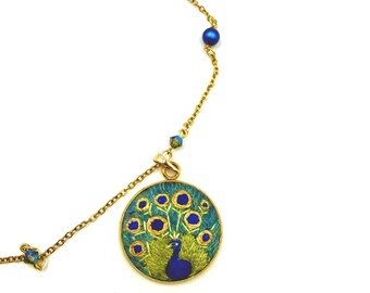 Handmade Necklace with Hand-Embroidered Peacock Pendant and Swarovski & Japanese Beads