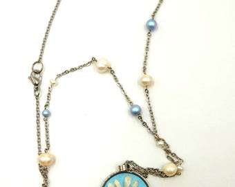 Handmade Necklace with Hand-Embroidered Daisy Pendant, Natural Moonstone, Pearls, and Swarovski Beads
