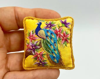 Miniature Embroidered Cushion with Peacock Design for Dollhouse