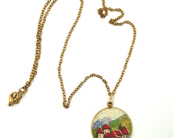 Handmade Necklace with Hand-Embroidered Mountain Village Pendant