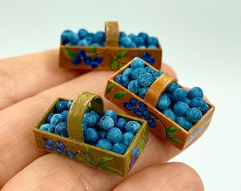 1/12 scale Minuature basket with hand-painted design and blueberries