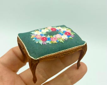 Miniature Bench with Hand Embroidery, 1:12 Scale Dollhouse Furniture.