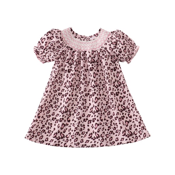 Pink leopard smocked girls dress; girls smocked dresses