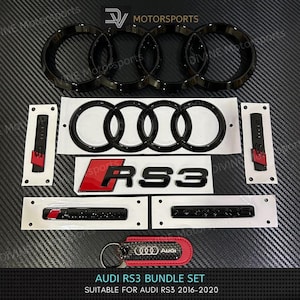 Audi RS3 Bundle Set Audi Sport Quattro S line Front And Rear Rings Emblem Badge Gloss Black 2016-2020