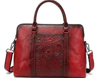 Retro Embossed Leather Bag, Women's Leather Handbag, Women Briefcase, Laptop Bag