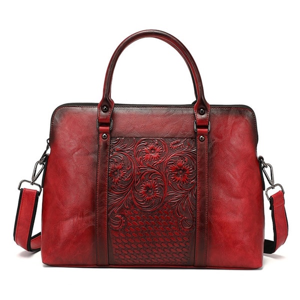 Retro Embossed Leather Bag, Women's Leather Handbag, Women Briefcase, Laptop Bag
