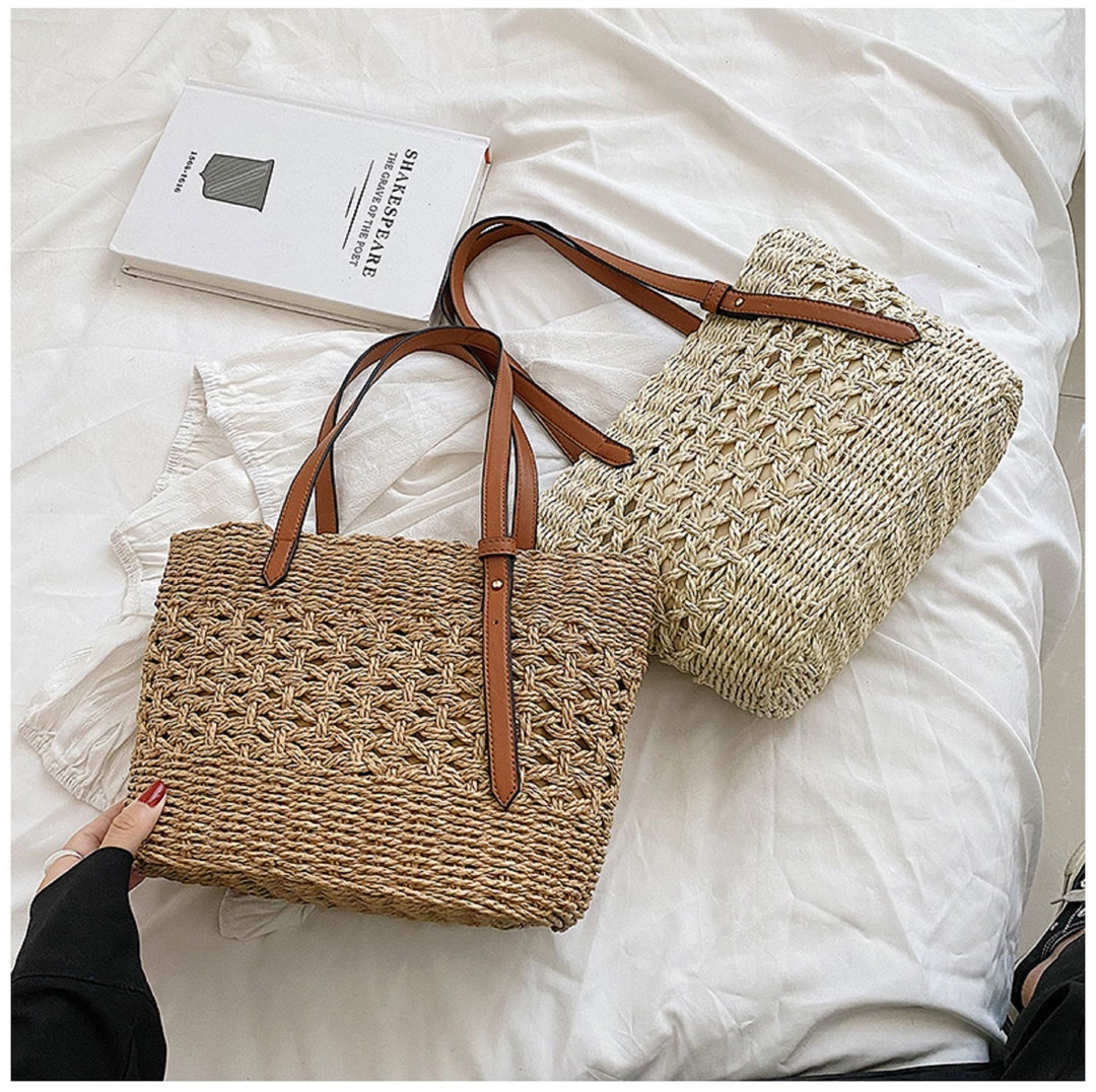 Luxury Straw Shoulder Bag, Vacation Beach Bag With Leather Strap ...