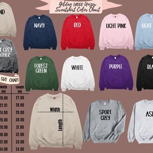 K&ouml;nnte beinhalten: Eine Farbkarte f&uuml;r Gildan 18000 Unisex-Sweatshirts mit Farben wie Sand, Marine, Rot und Hellrosa. Die Karte enth&auml;lt eine Gr&ouml;&szlig;entabelle mit Ma&szlig;en in cm f&uuml;r Breite und L&auml;nge, von S bis 5XL.