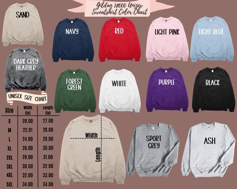 K&ouml;nnte beinhalten: Eine Farbkarte f&uuml;r Gildan 18000 Unisex-Sweatshirts mit Farben wie Sand, Marine, Rot und Hellrosa. Die Karte enth&auml;lt eine Gr&ouml;&szlig;entabelle mit Ma&szlig;en in cm f&uuml;r Breite und L&auml;nge, von S bis 5XL.