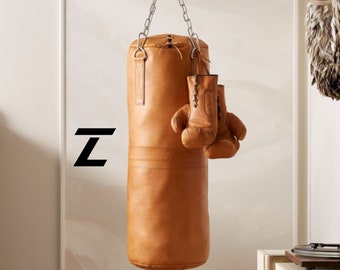 Vintage tan leather punching bag - cowhide boxing bag for gym training, MMA, kickboxing, martial arts - heavy bag - sand bag - gift for him