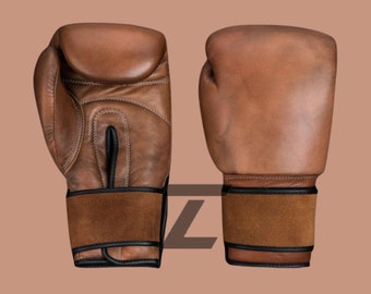 Gants de boxe vintage en cuir marron, gants de boxe lourds, gants d'entraînement MMA kickboxing en peau de vache, cadeau le jour de Pâques pour lui/elle.