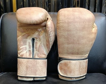 Vintage Style Leather Boxing Gloves, Taan Brown, Handmade Training Gloves