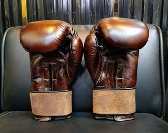 Vintage Brown Cowhide Leather Boxing Gloves, Heavy Sparring Gloves