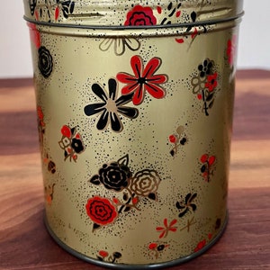 VTG Metal Tin Container w/ Red & Black Flowers image 1