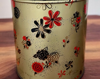 VTG Metal Tin Container w/ Red & Black  Flowers