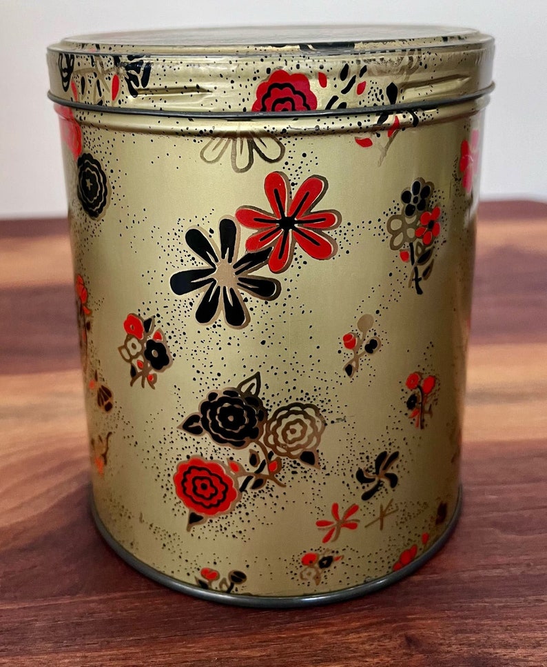 VTG Metal Tin Container w/ Red & Black Flowers image 1