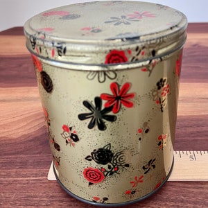 VTG Metal Tin Container w/ Red & Black Flowers image 4