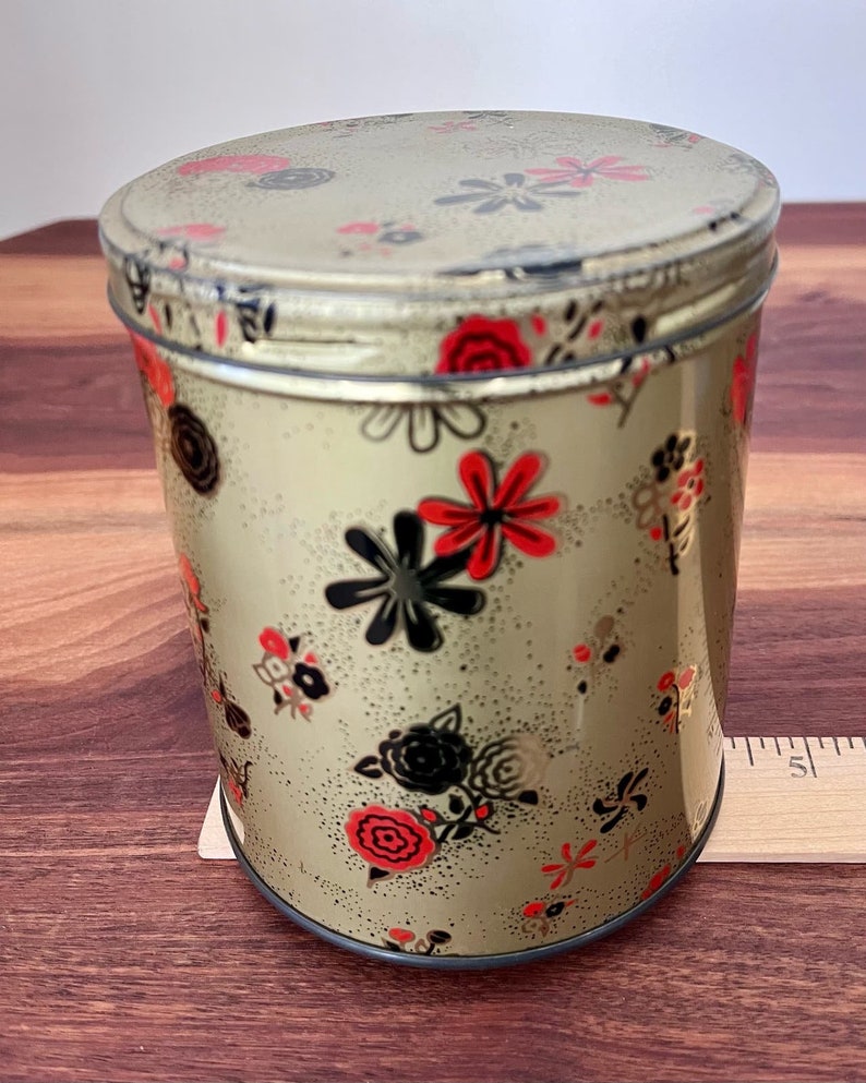 VTG Metal Tin Container w/ Red & Black Flowers image 4