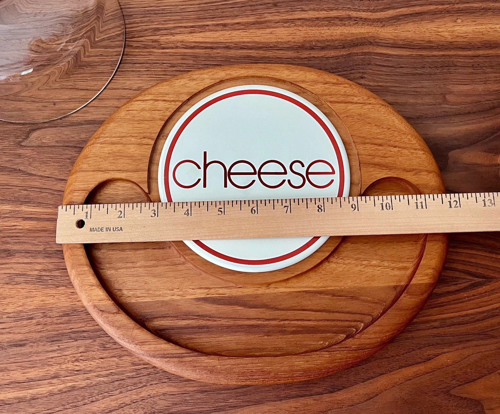 Vintage 1970s Wooden Cheese Tray With a Ceramic Cutting Board and a Cheese Cutter