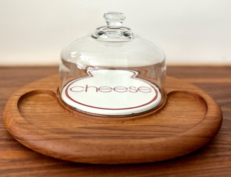 Vintage 1970s Wooden Cheese Tray With a Ceramic Cutting Board and a Cheese Cutter