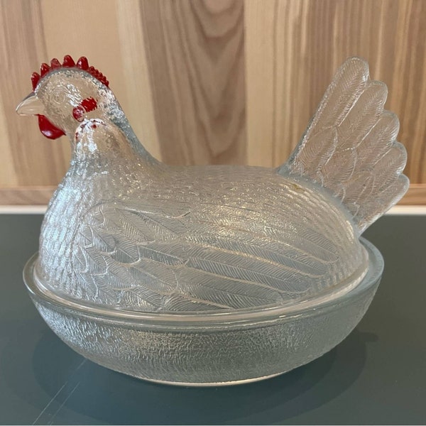 Vintage Indiana Glass Hen on nest clear glass red comb