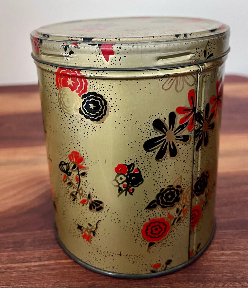 VTG Metal Tin Container w/ Red & Black Flowers image 2