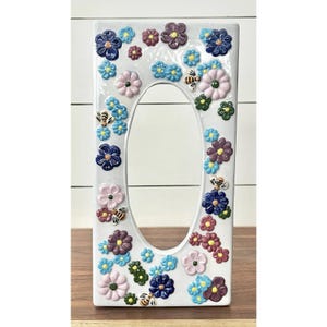 VTG Ceramic Tissue Box Rectangular Flowers  Cover Feat. Bees Pink & Blue Flowers