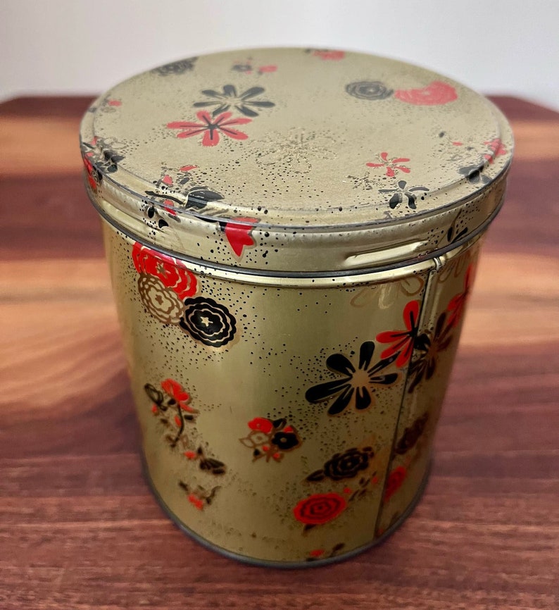 VTG Metal Tin Container w/ Red & Black Flowers image 3