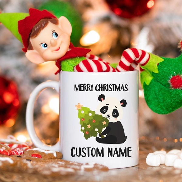 Personalized Merry Christmas Panda Bear Mug Cute Custom Name Holiday Xmas Coffee Mug Gift for Her Him Bear Lovers Cute Kid Hot Chocolate Cup