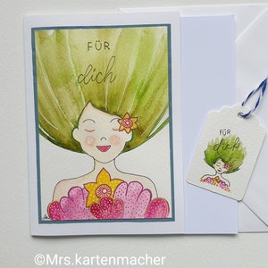 Blumenmädchen mit Aquarell Blumen - Edle Geburtstagskarte mit Geschenkanhänger - Unikat handgemalt von Mrs.Kartenmacher - Klappkarte 26/23