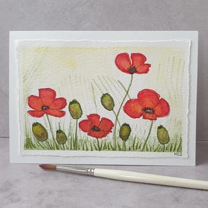 Mohnblumen handgemalte original Aquarellkarte / rote Blumen Wiese / Büttenpapier / Klappkarte / Kunstkarte / Geschenk /  Unikat 36/25