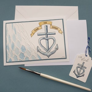 Glaube, Liebe, Hoffnung - handgemalte geprägte Karte mit Geschenkanhänger /Konfirmation/Kommunion/Junge/Unikat handgemalt - Klappkarte 35/24