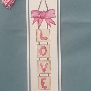 Handgemaltes original Aquarell-Lesezeichen – "Love" - Pink - Unikat - 11/25